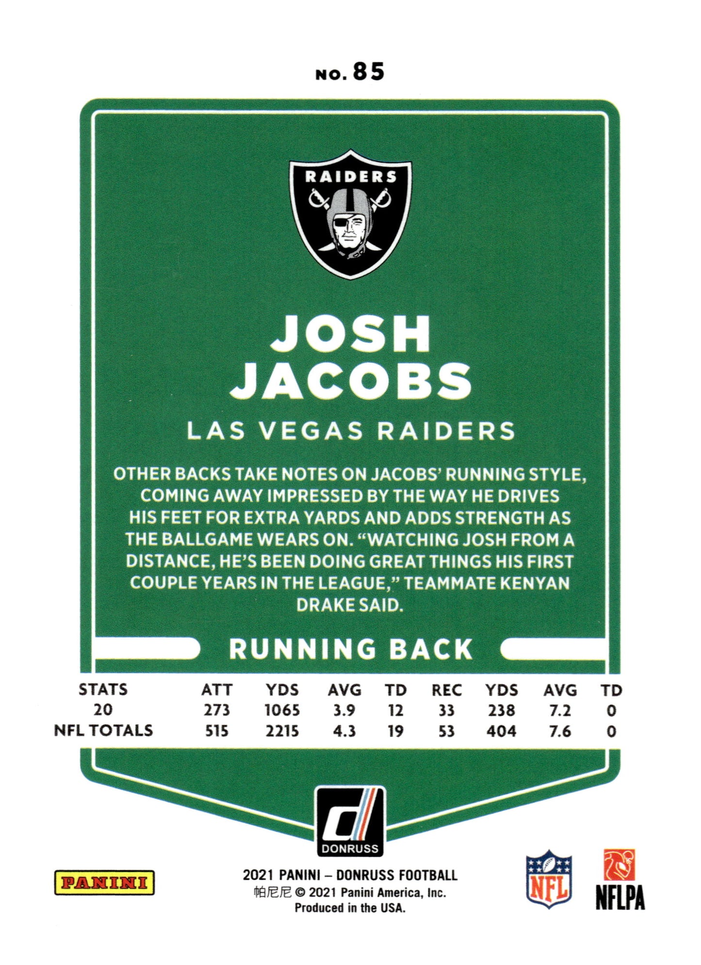 2021 Donruss #85b Josh Jacobs No Helmet