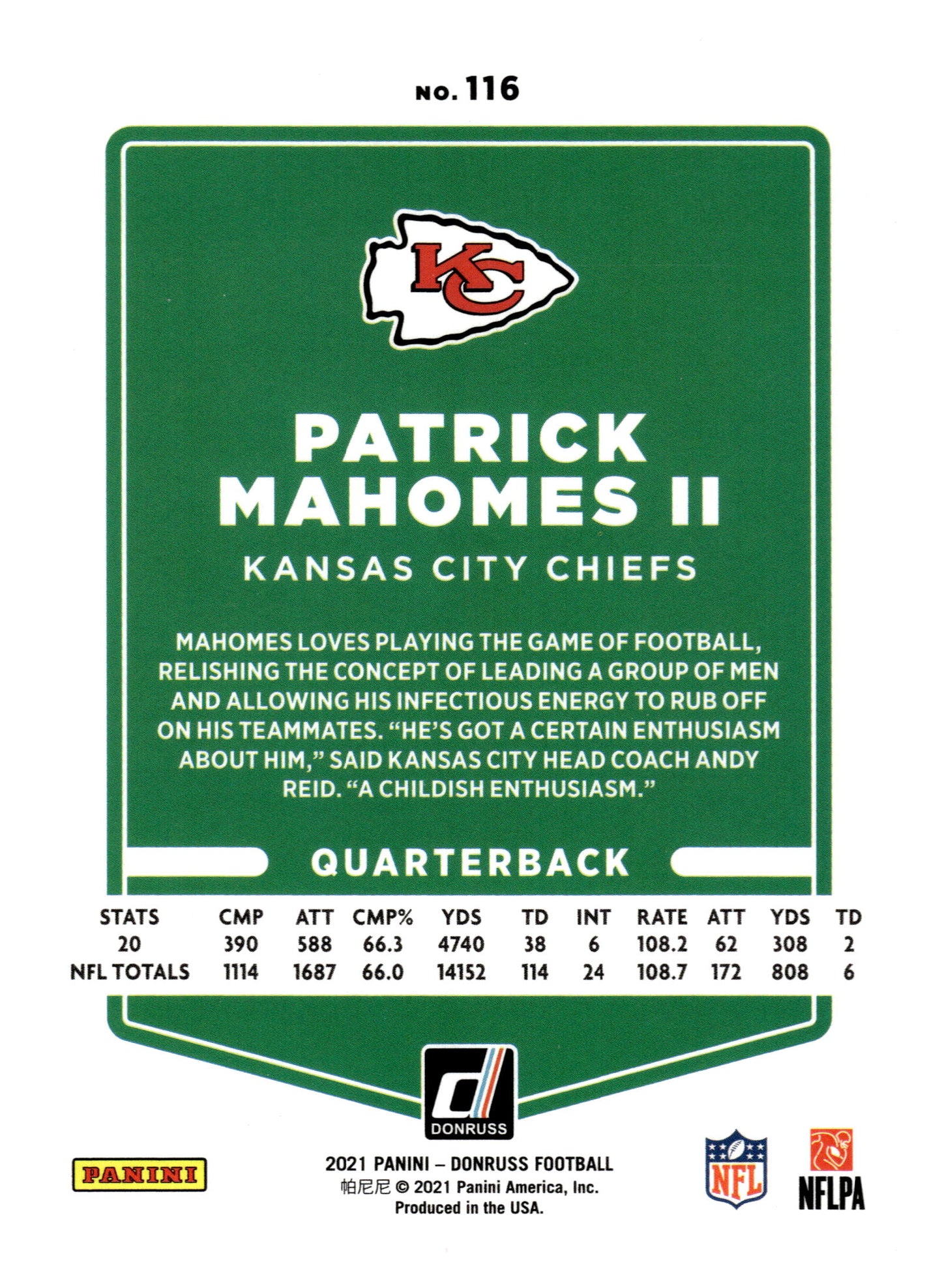2021 Donruss #116b Patrick Mahomes II No Helmet