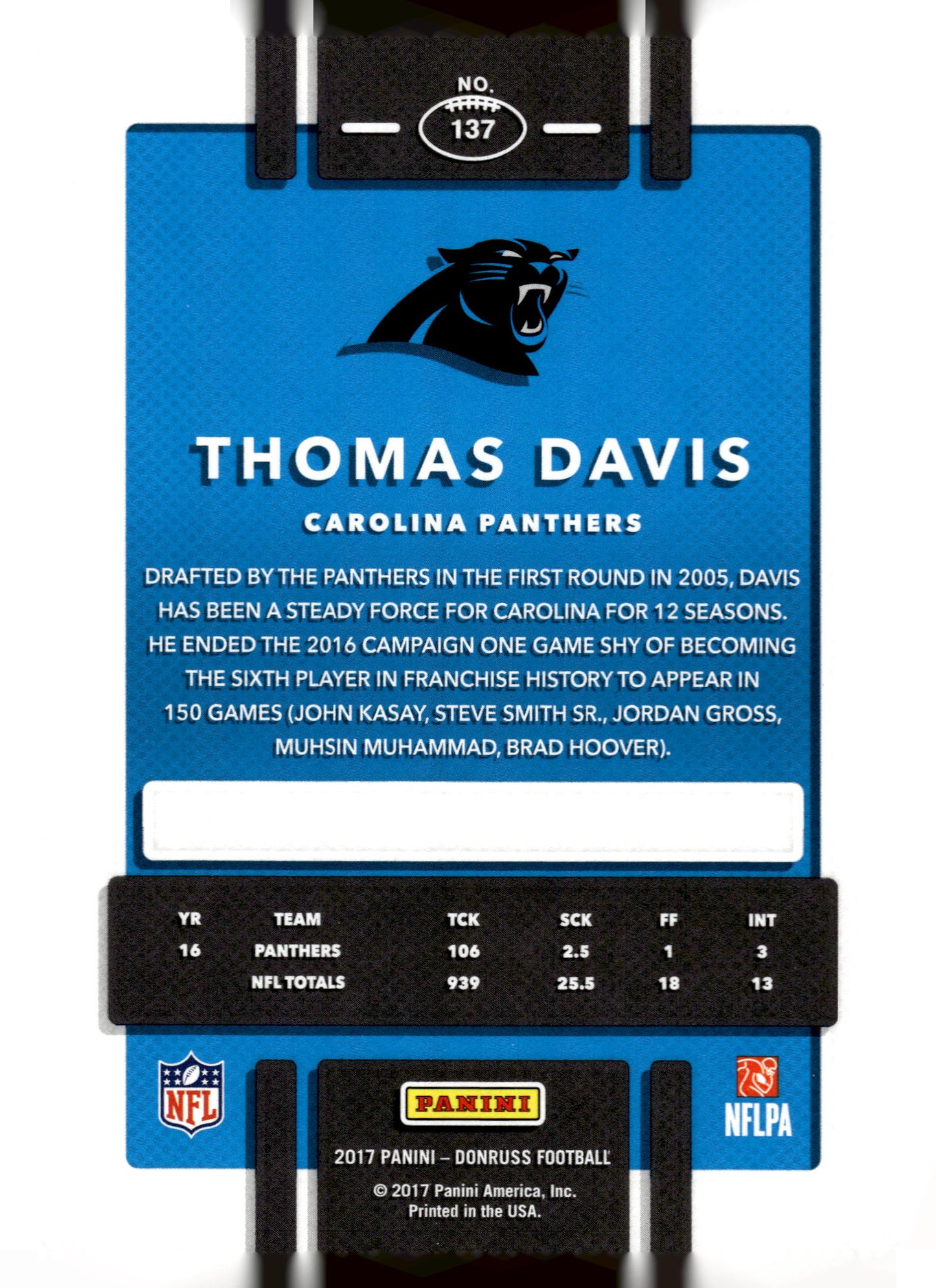 2017 Donruss #137 Thomas Davis Press Proof Blue