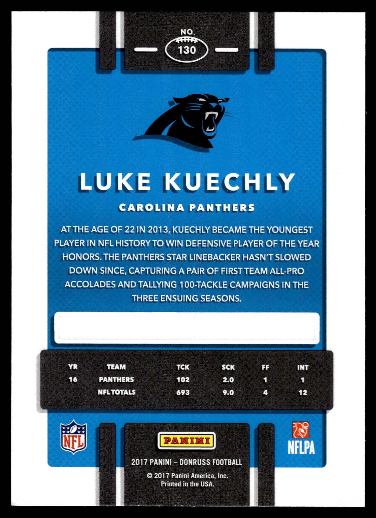 2017 Donruss #130 Luke Kuechly Press Proof Blue