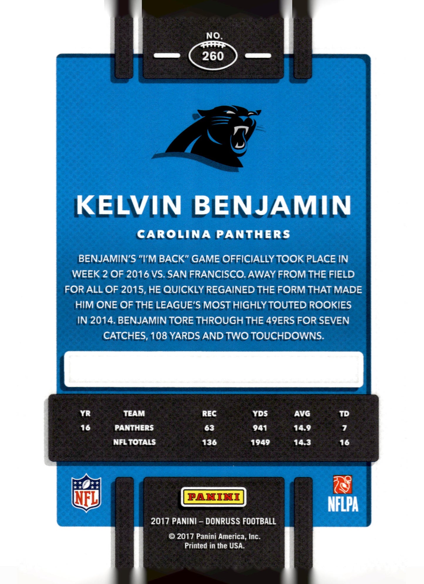 2017 Donruss #260 Kelvin Benjamin Press Proof Blue