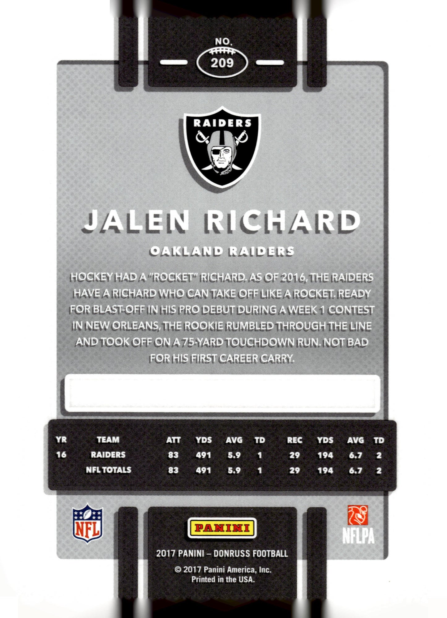 2017 Donruss #209 Jalen Richard Press Proof Blue