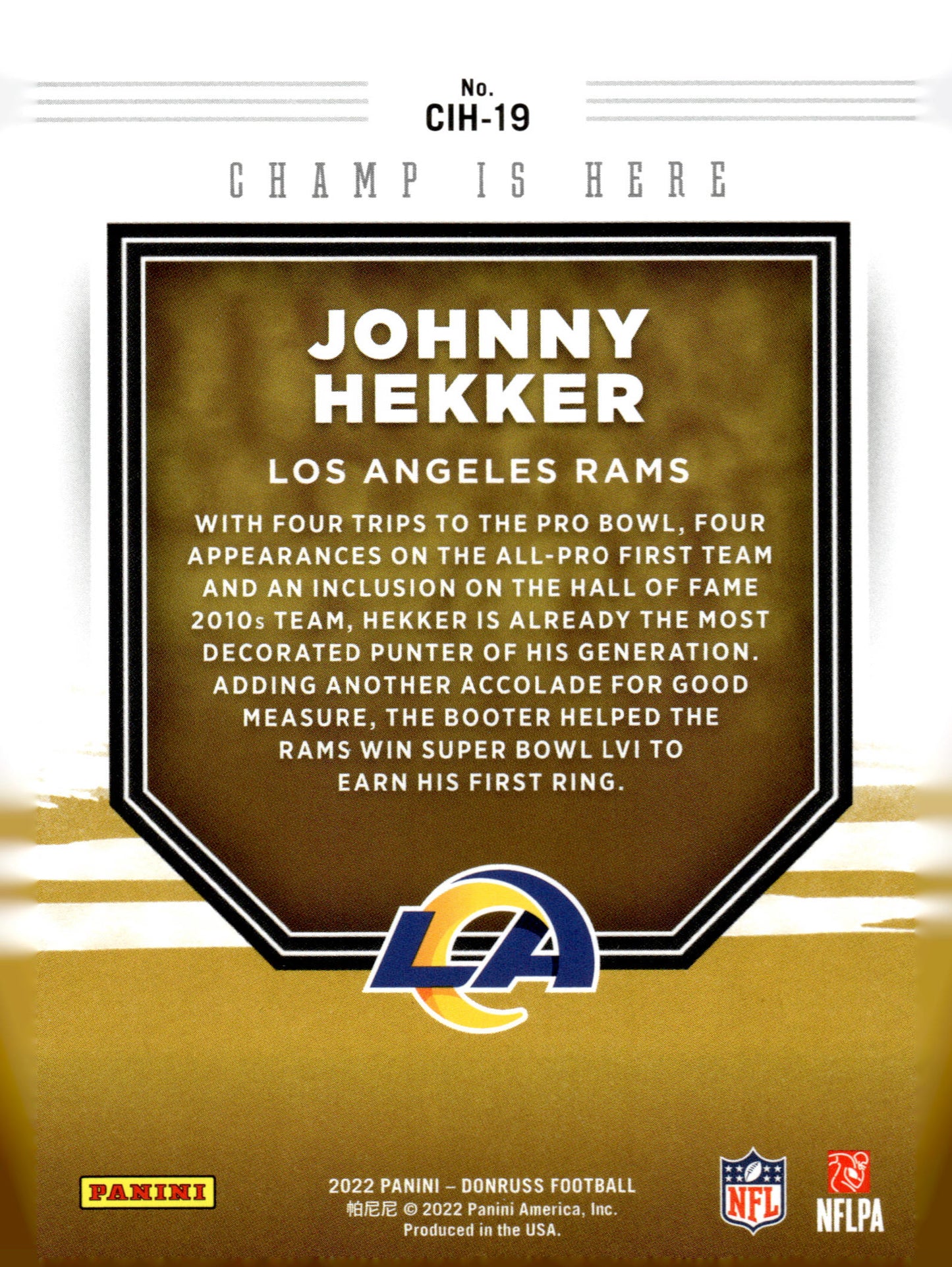 2022 Donruss #CIH-19 Johnny Hekker Champ is Here