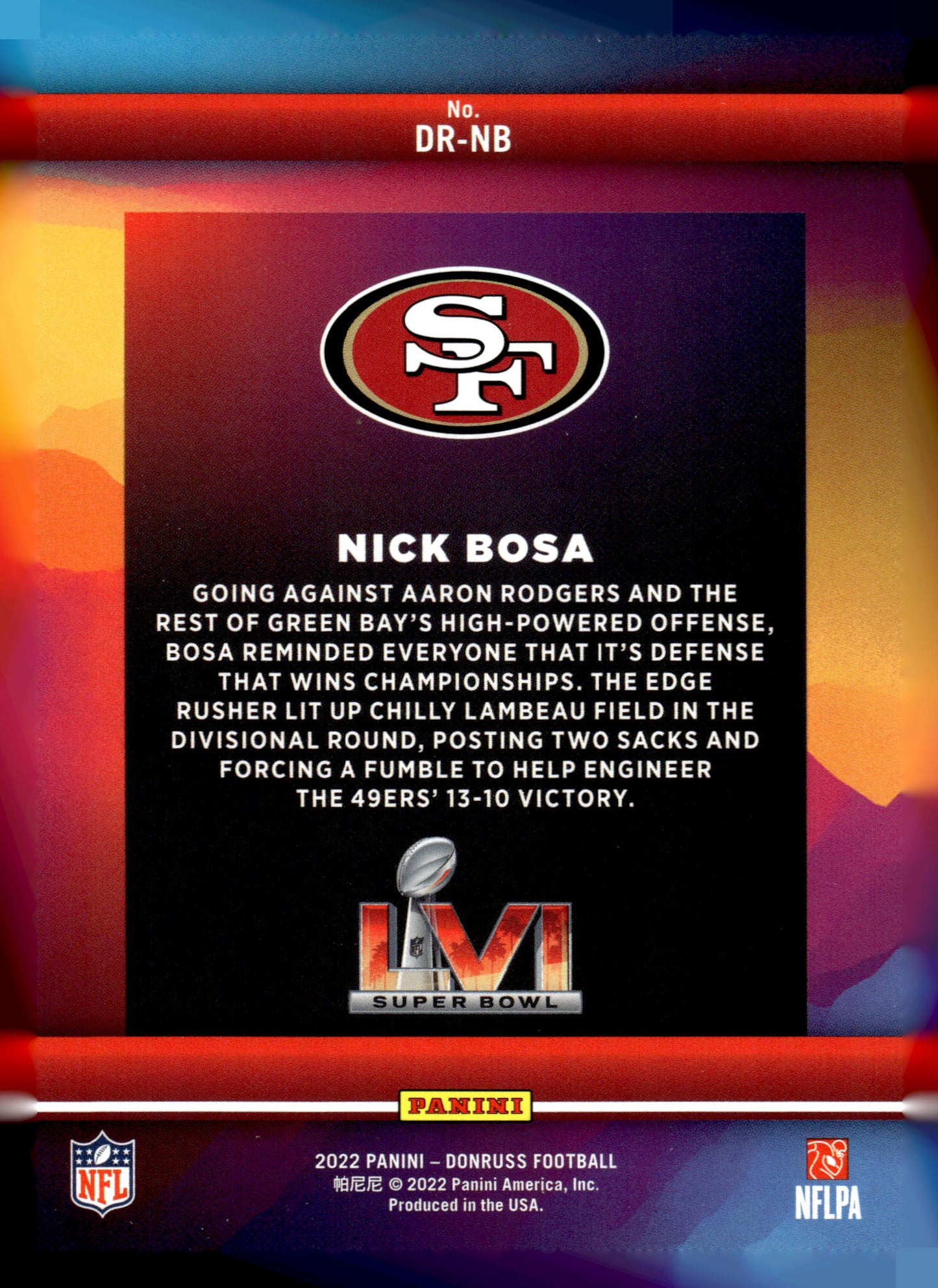2022 Donruss #DR-NB Nick Bosa Road to the Super Bowl Divisional Round Holo #/100