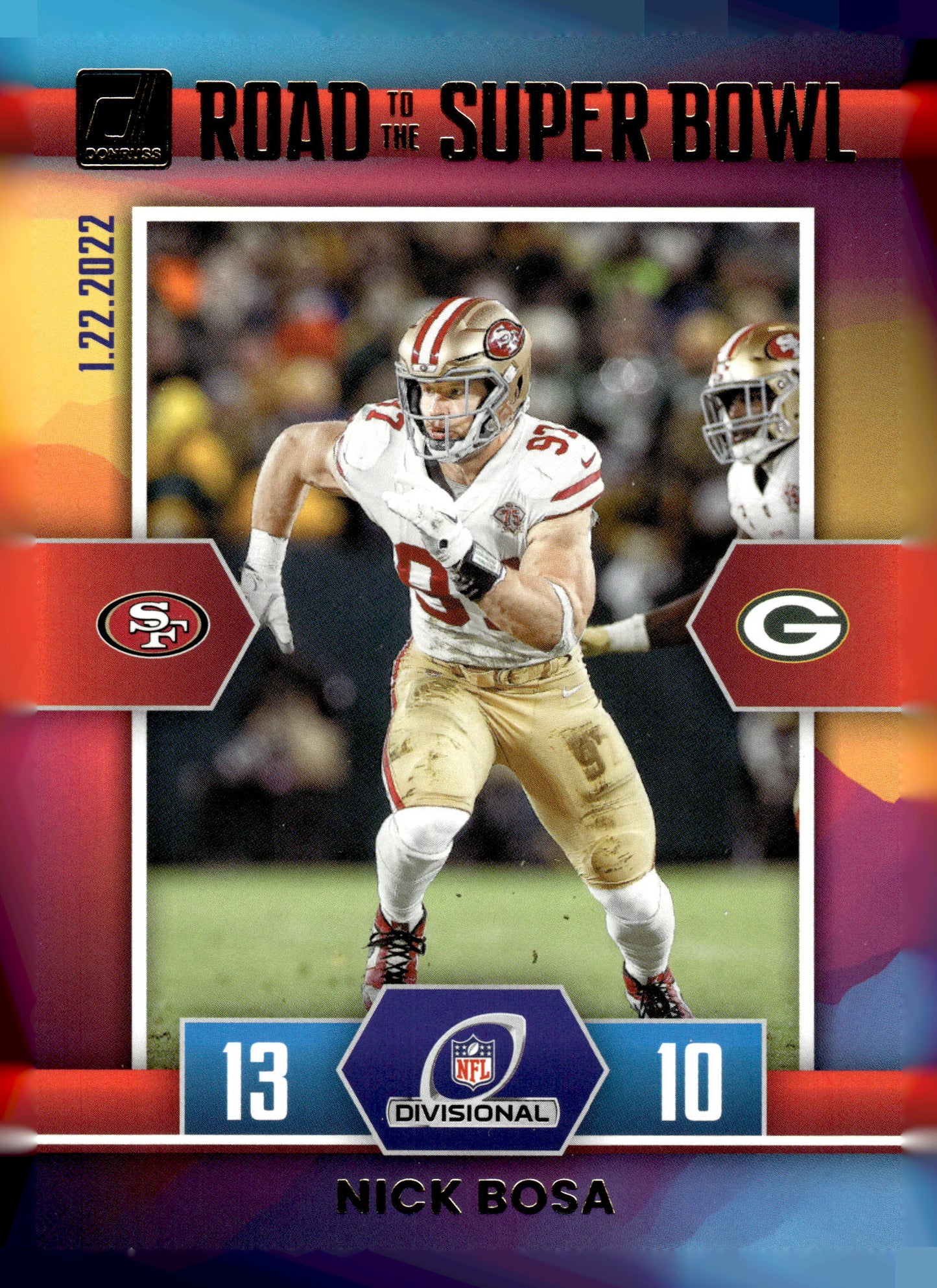 2022 Donruss #DR-NB Nick Bosa Road to the Super Bowl Divisional Round Holo #/100