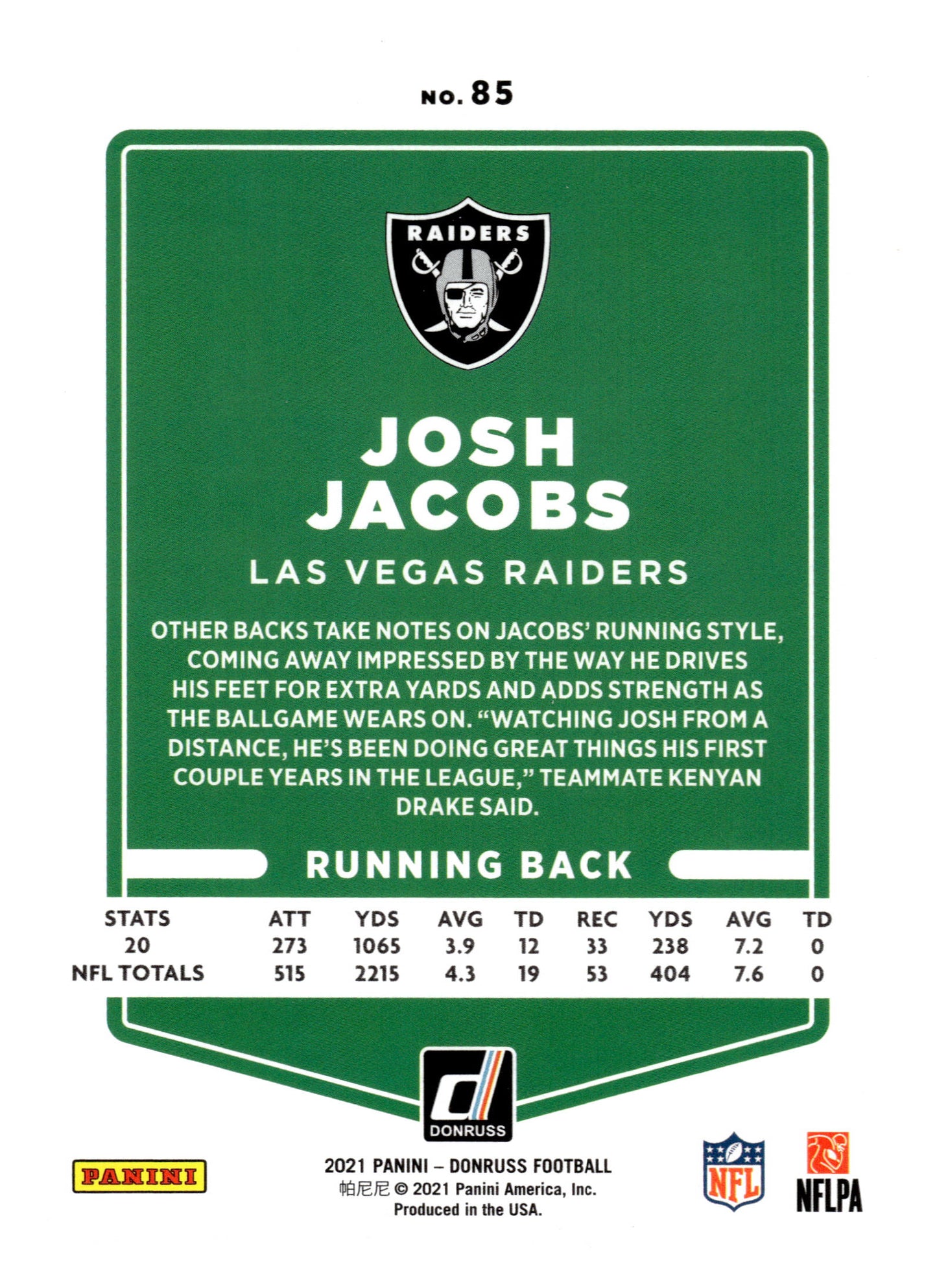 2021 Donruss #85b Josh Jacobs Press Proof Blue No Helmet