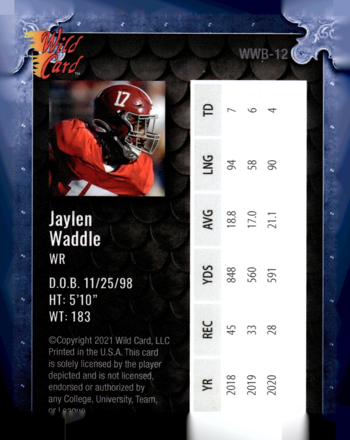 2021 Wild Card Matte White #WWB-12 Jaylen Waddle Weekend Warriors Blue Border