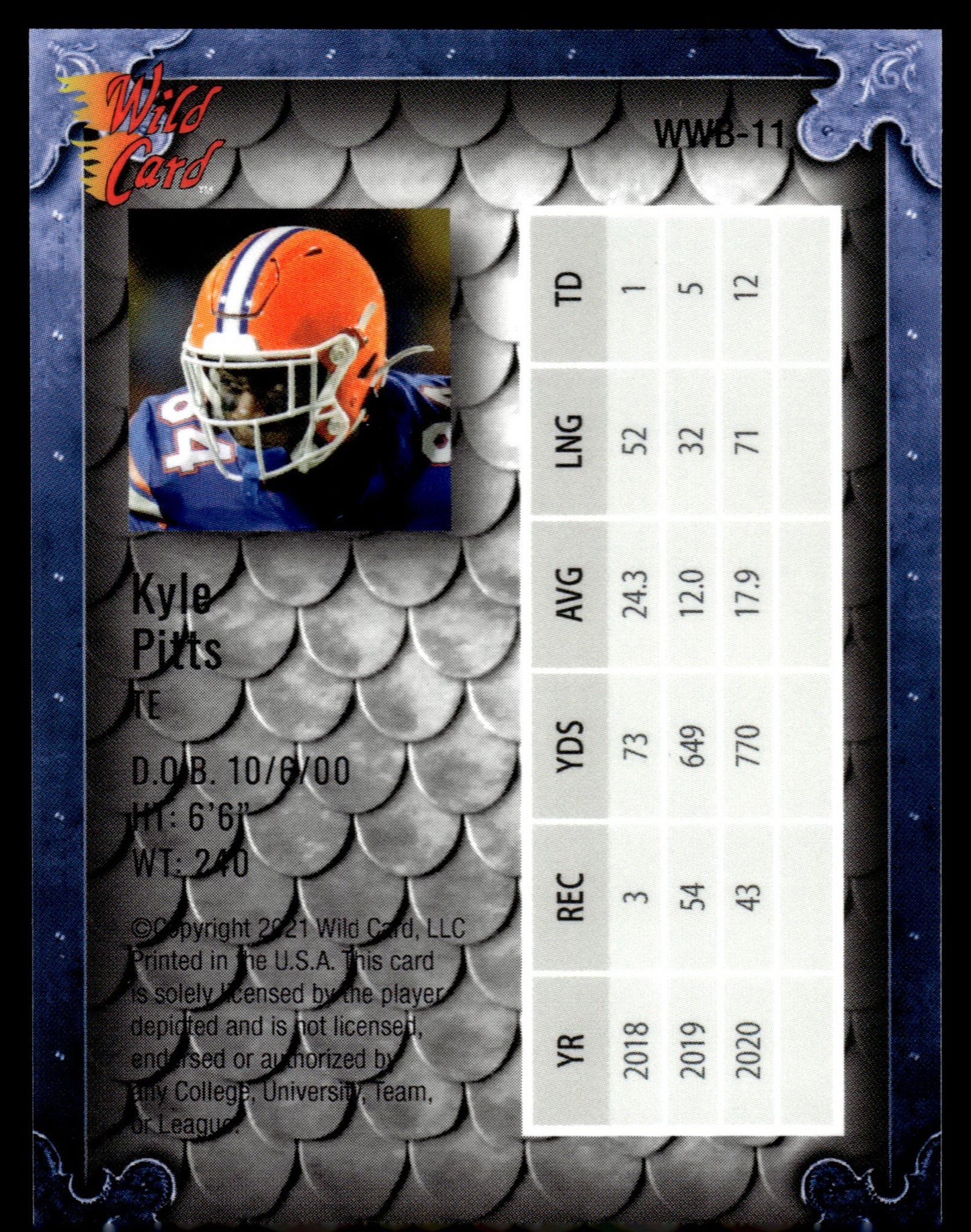 2021 Wild Card Matte #WWB-11 Kyle Pitts Weekend Warrior Blue Border