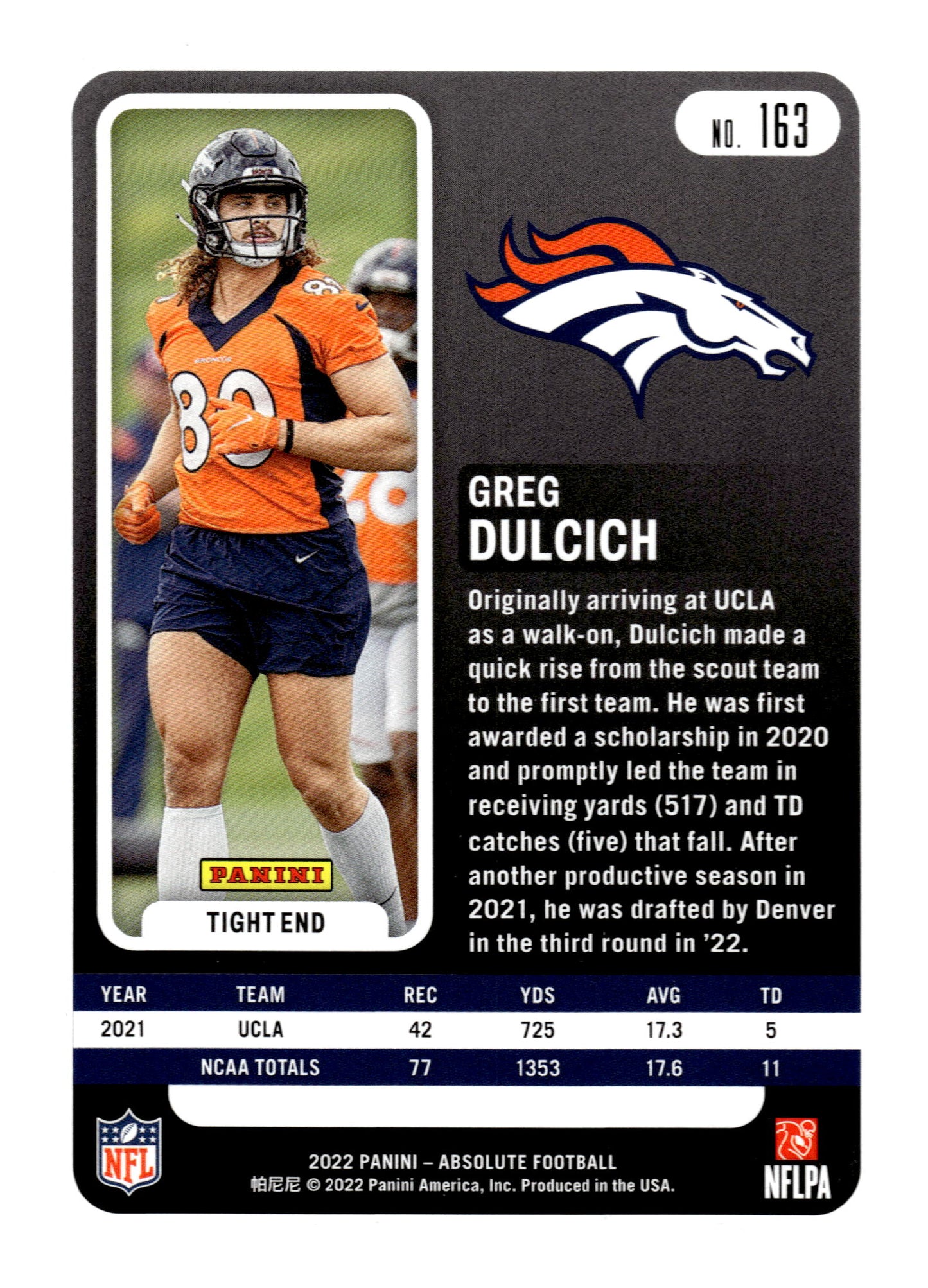 2022 Panini Absolute #163 Greg Dulcich Spectrum Orange #/75