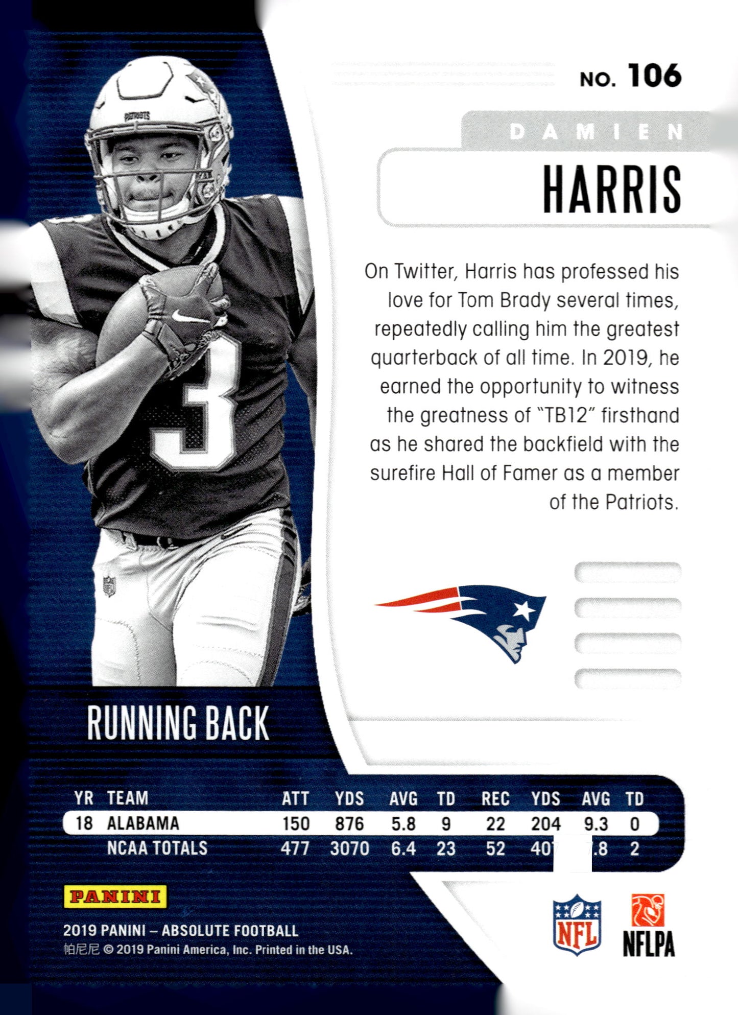 2019 Panini Absolute #106 Damien Harris Blue