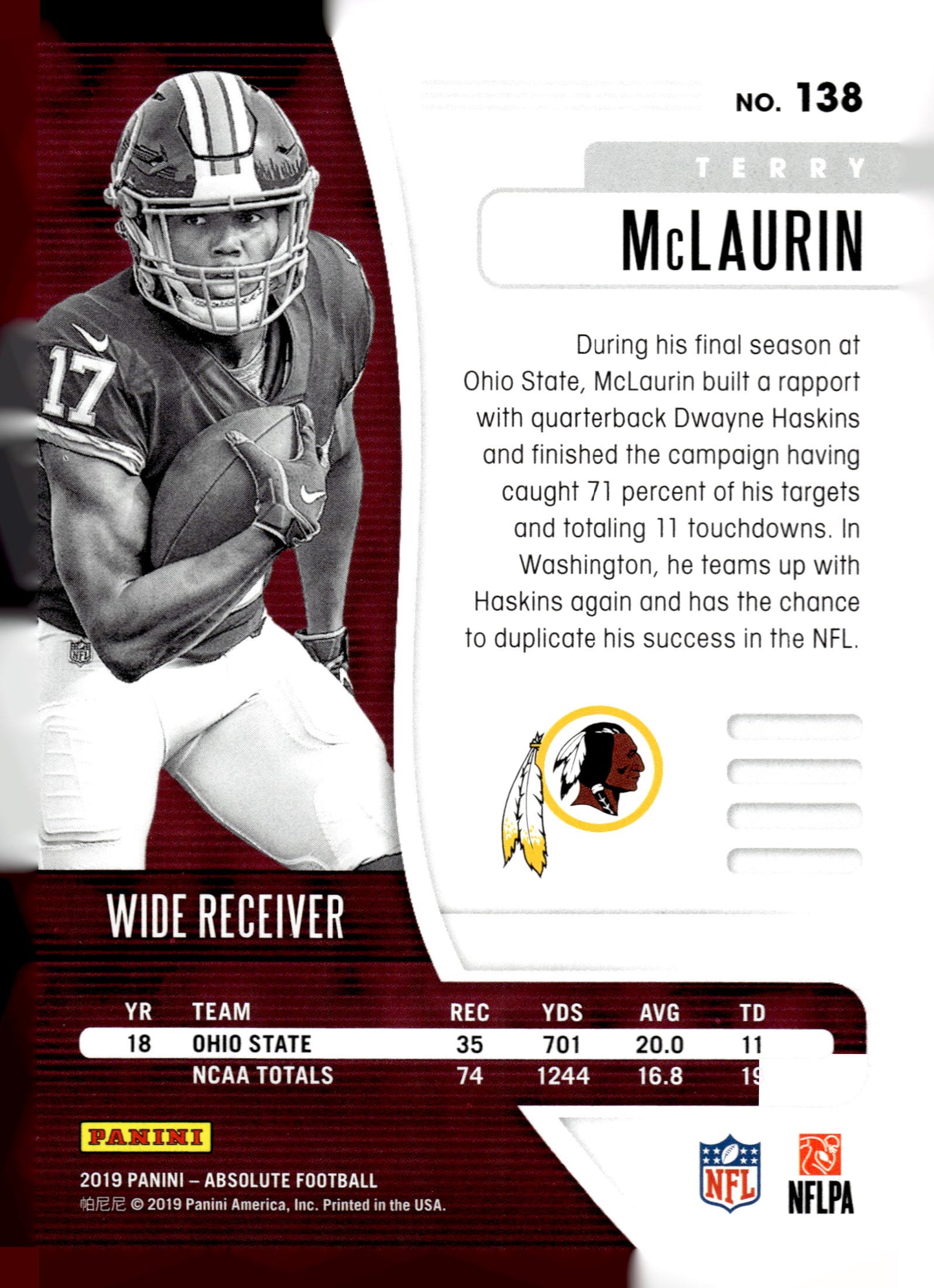 2019 Panini Absolute #138 Terry McLaurin Blue