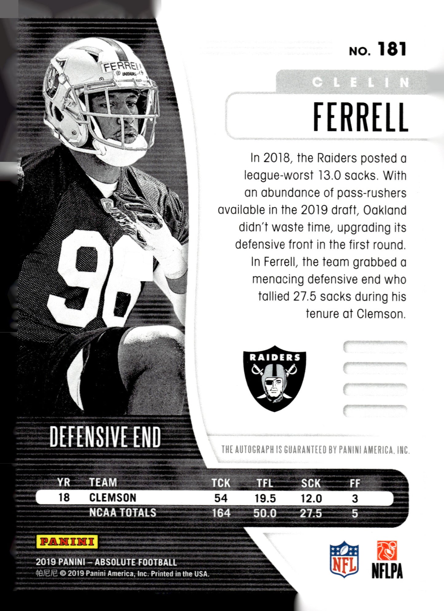 2019 Panini Absolute #181 Clelin Ferrell Signature Rookies