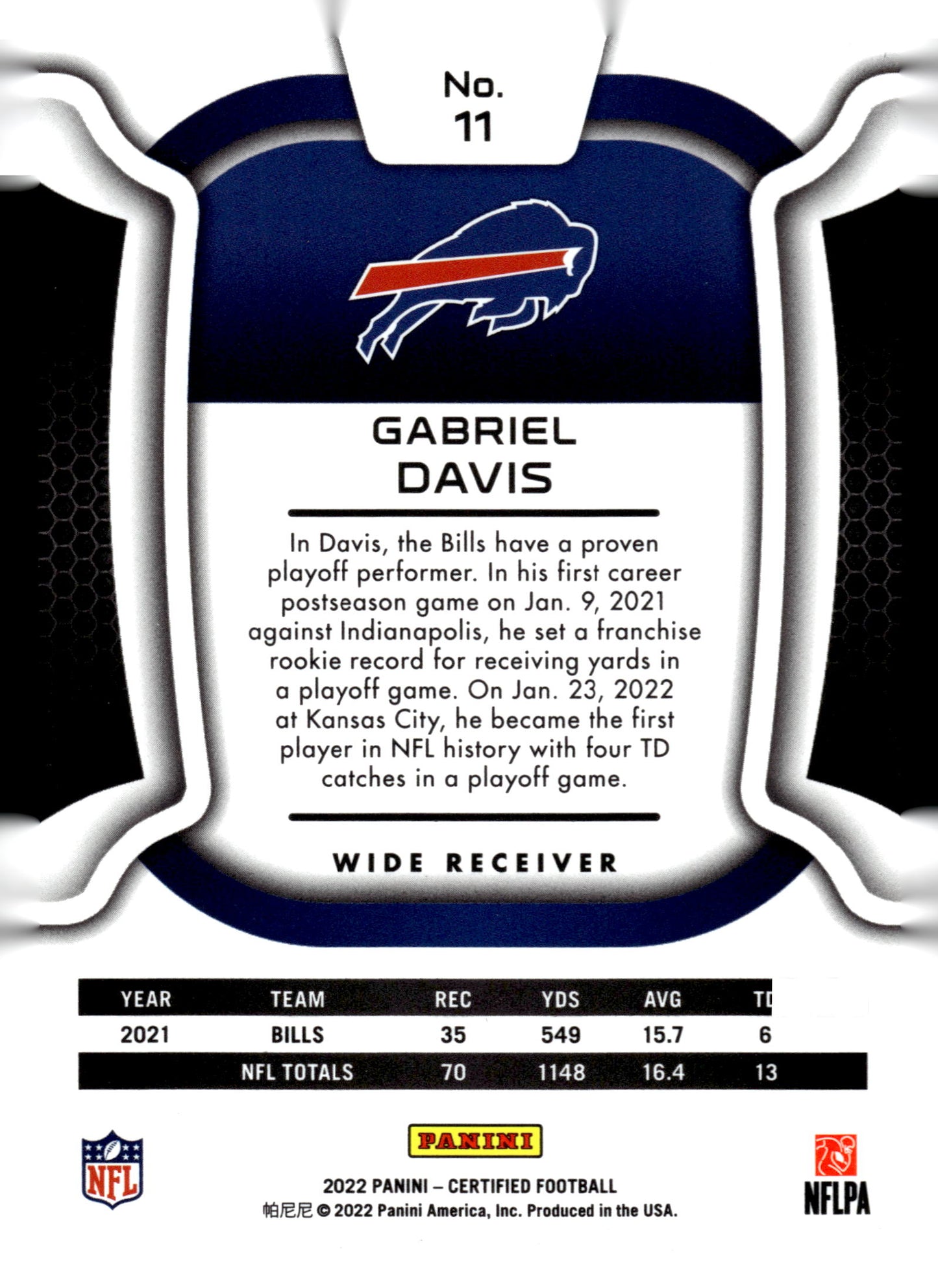 2022 Panini Certified #11 Gabriel Davis Mirror Pink #/199