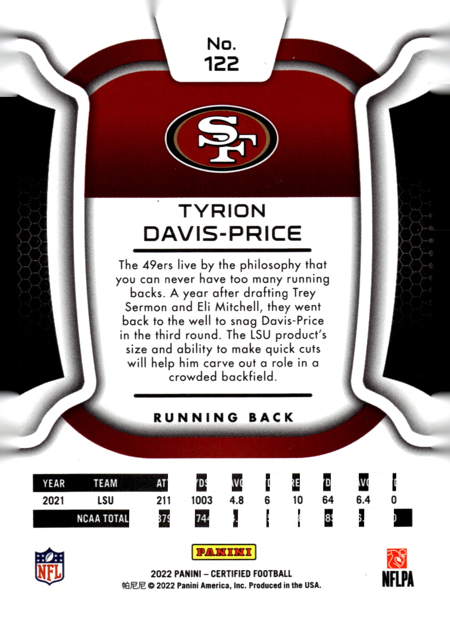 2022 Panini Certified #122 Tyrion Davis-Price Mirror Pink #/199