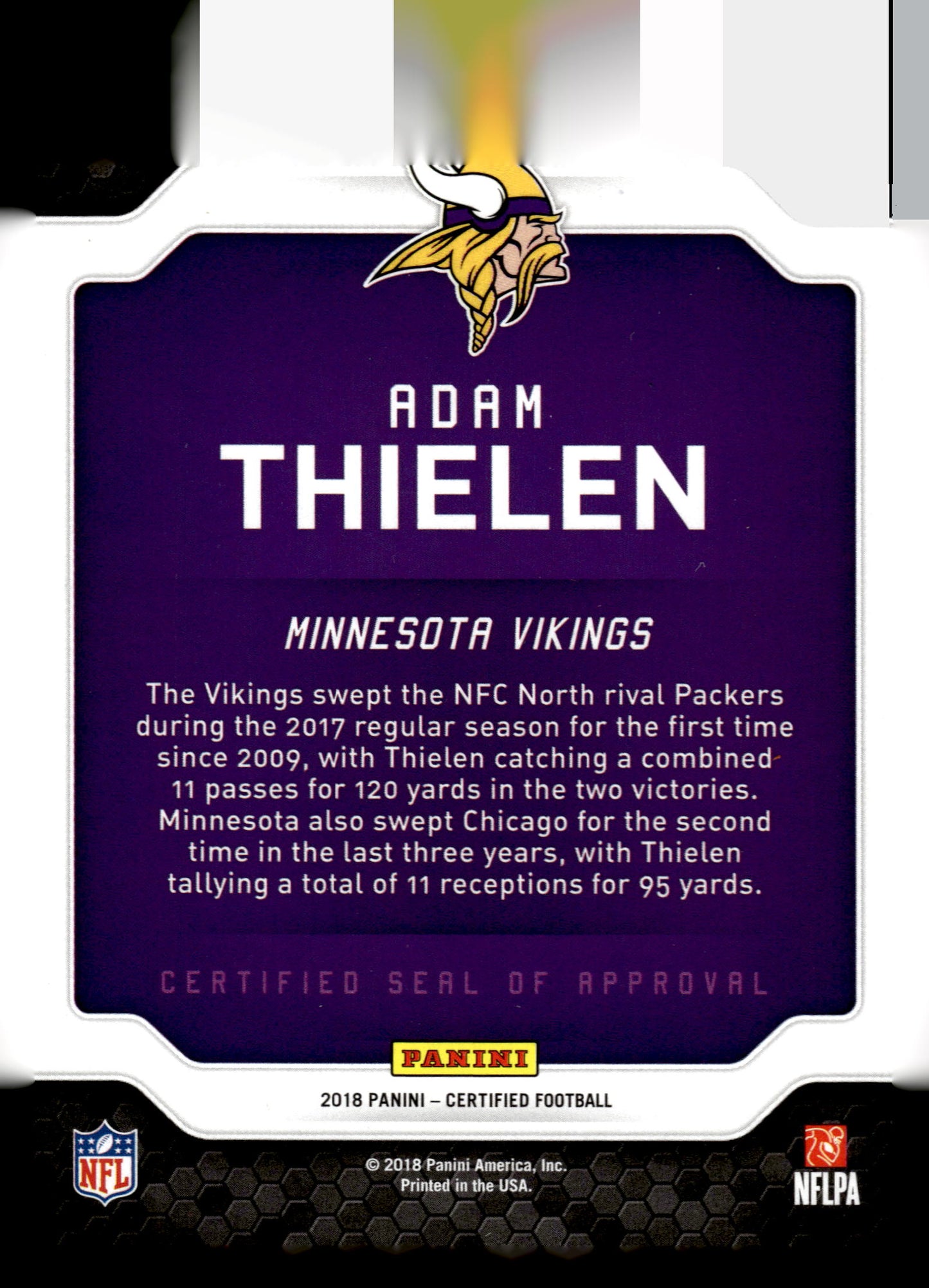 2018 Panini Certified #8 Adam Thielen Certified Seal of Approval