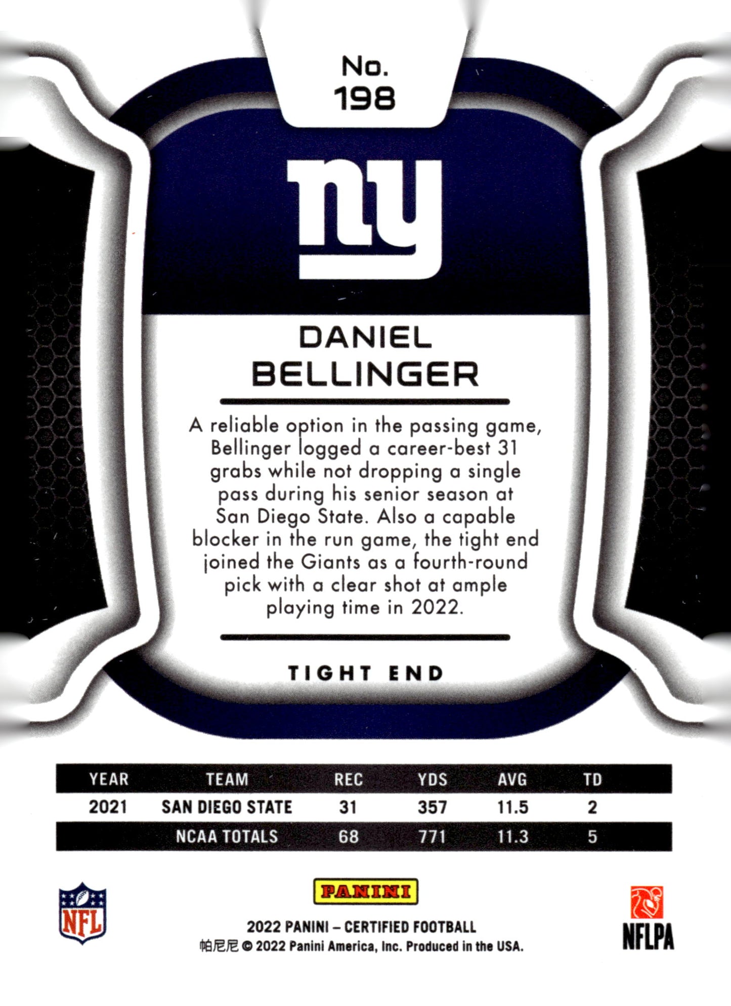 2022 Panini Certified #198 Daniel Bellinger Mirror #/325