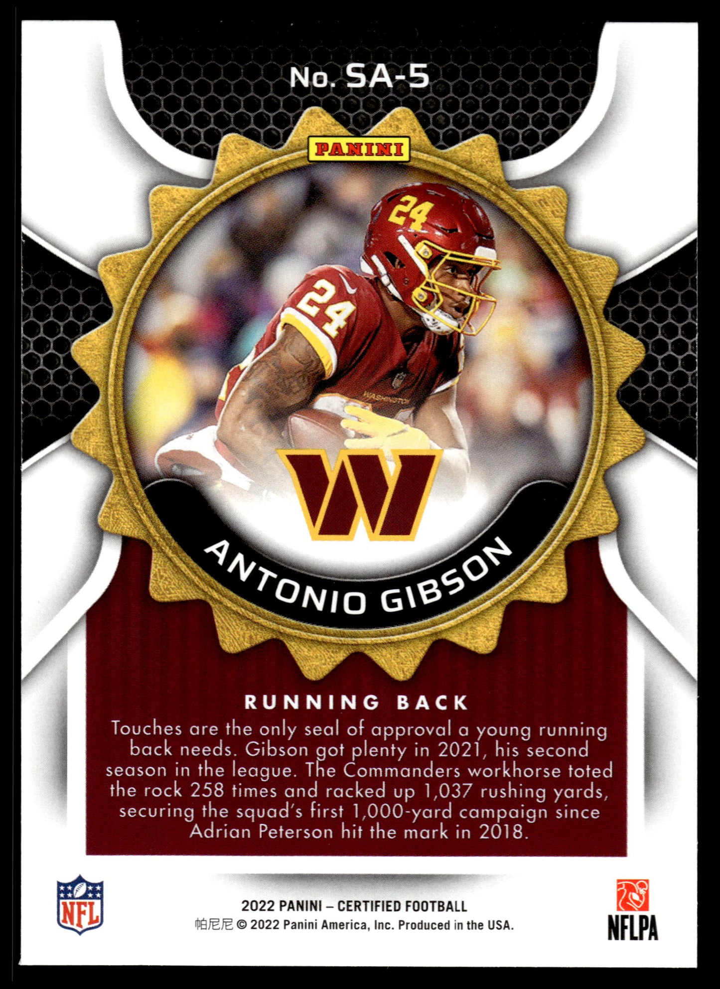 2022 Panini Certified #SA-5 Antonio Gibson Seal of Approval