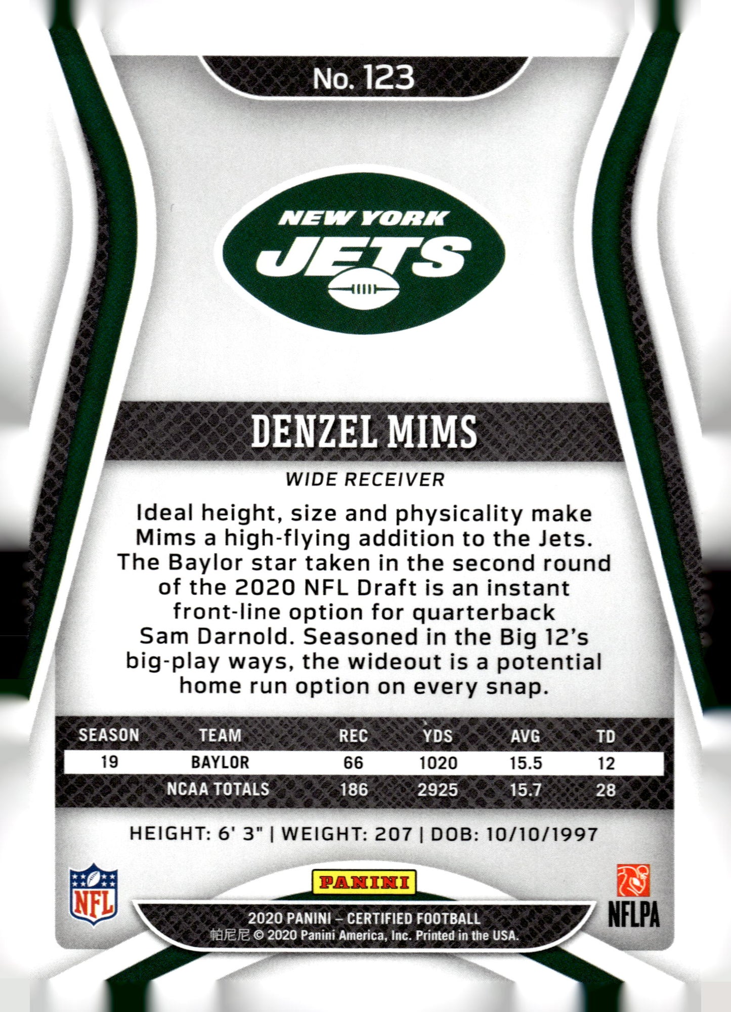 2020 Panini Certified #123 Denzel Mims #/399