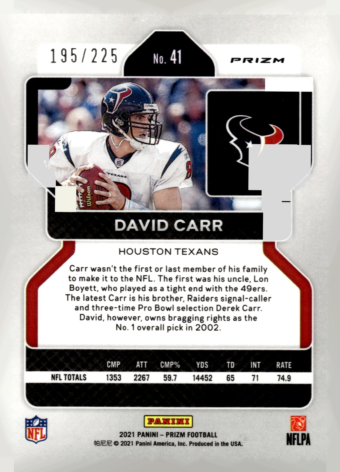 2021 Panini Prizm #41 David Carr Purple Ice #/225