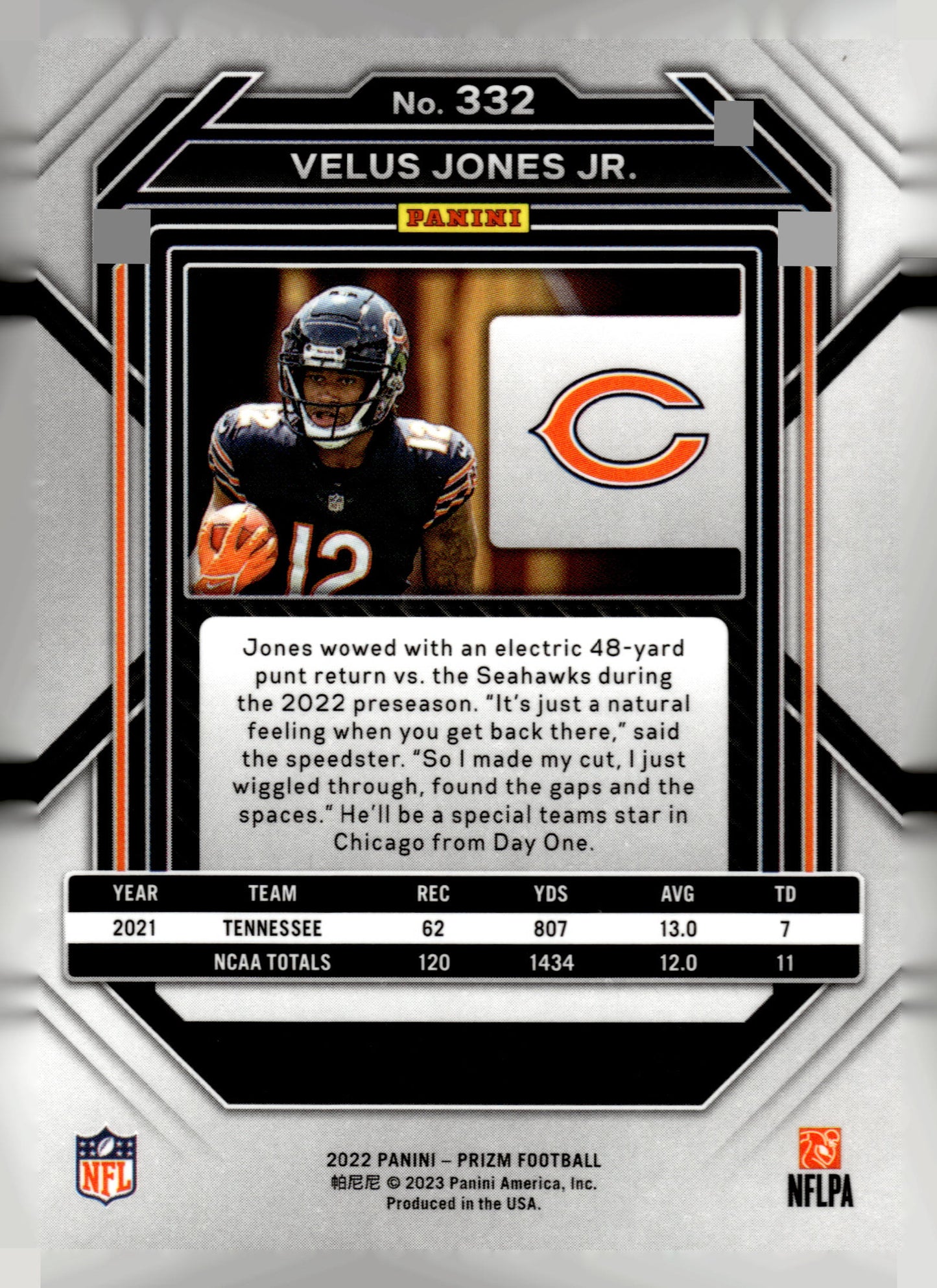 2022 Panini Prizm #332 Velus Jones Jr.