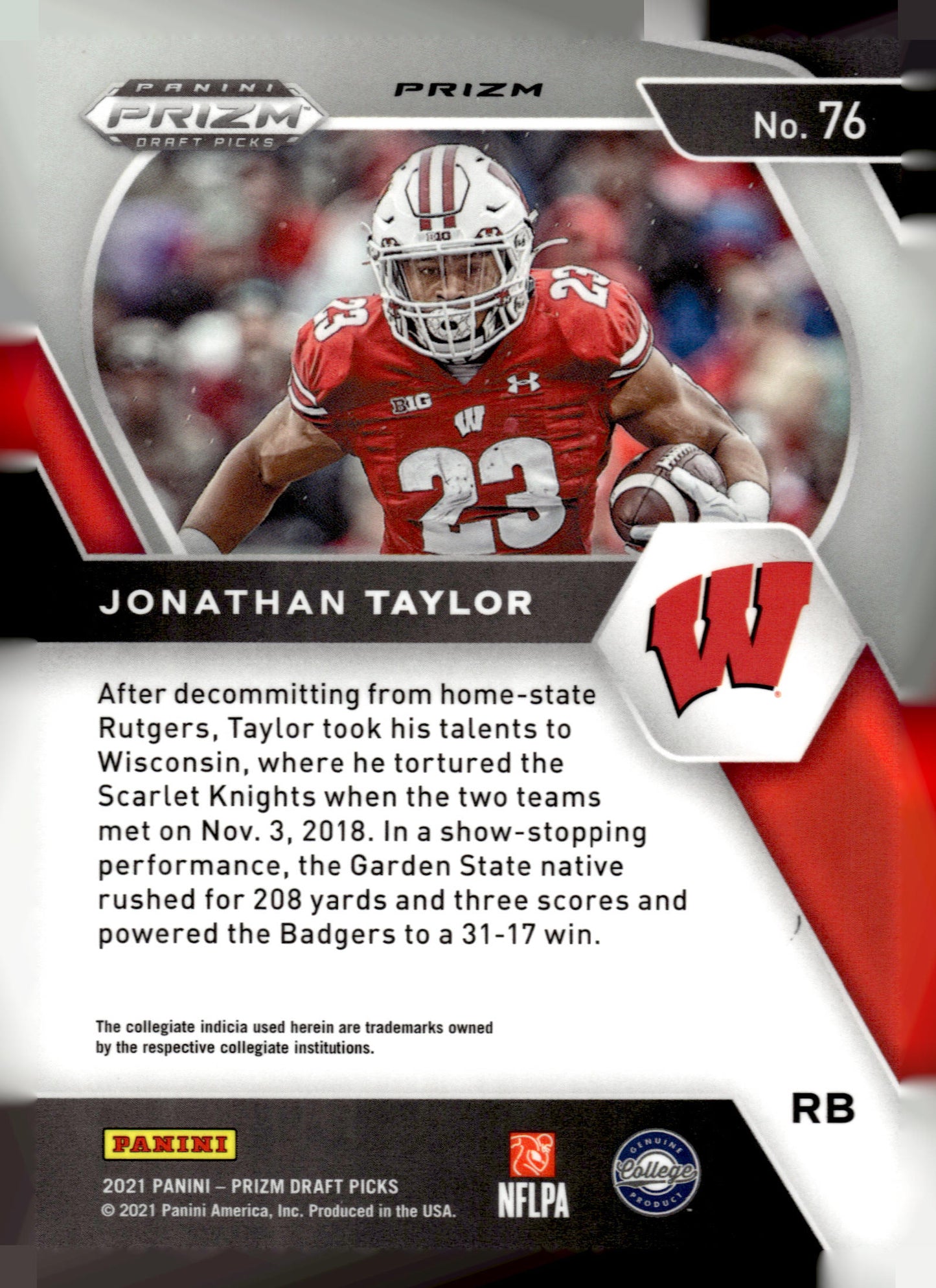 2021 Panini Prizm Draft Picks Collegiate #76 Jonathan Taylor