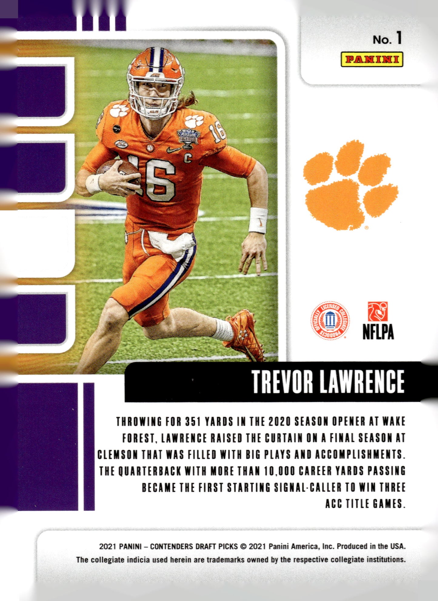 2021 Panini Contenders Draft Picks #1 Trevor Lawrence School Colors