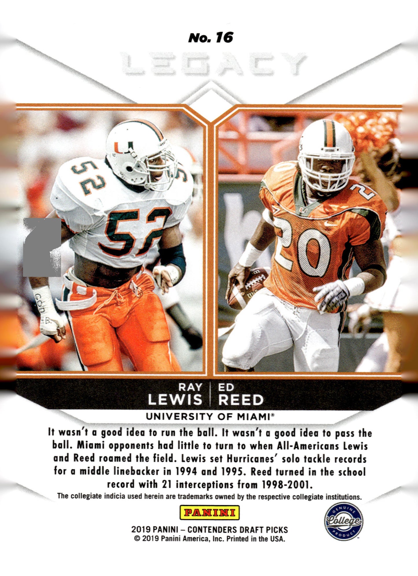 2019 Panini Contenders Draft Picks Collegiate #16 Ray Lewis / Ed Reed Legacy