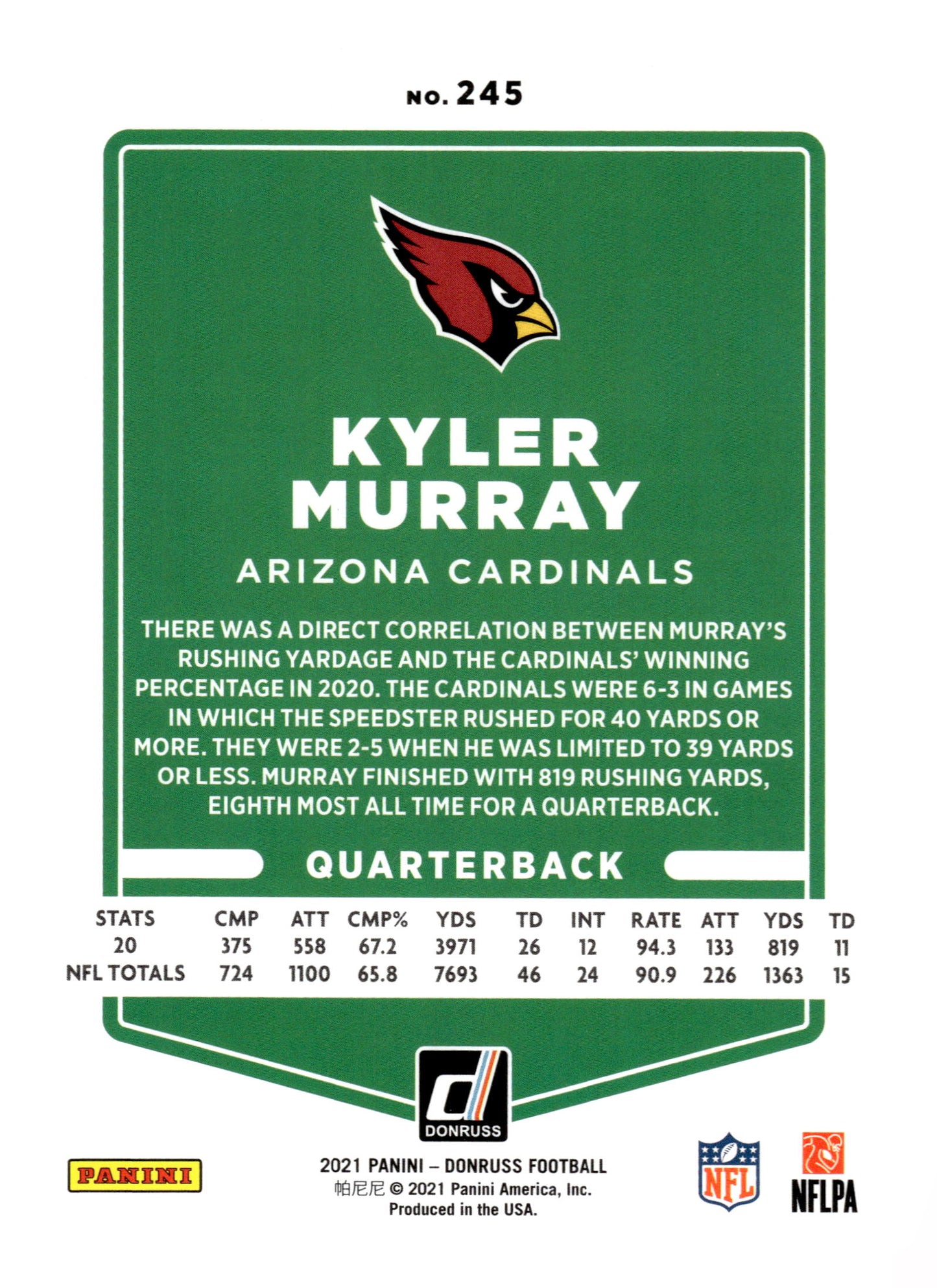 2021 Donruss #245b Kyler Murray No Helmet