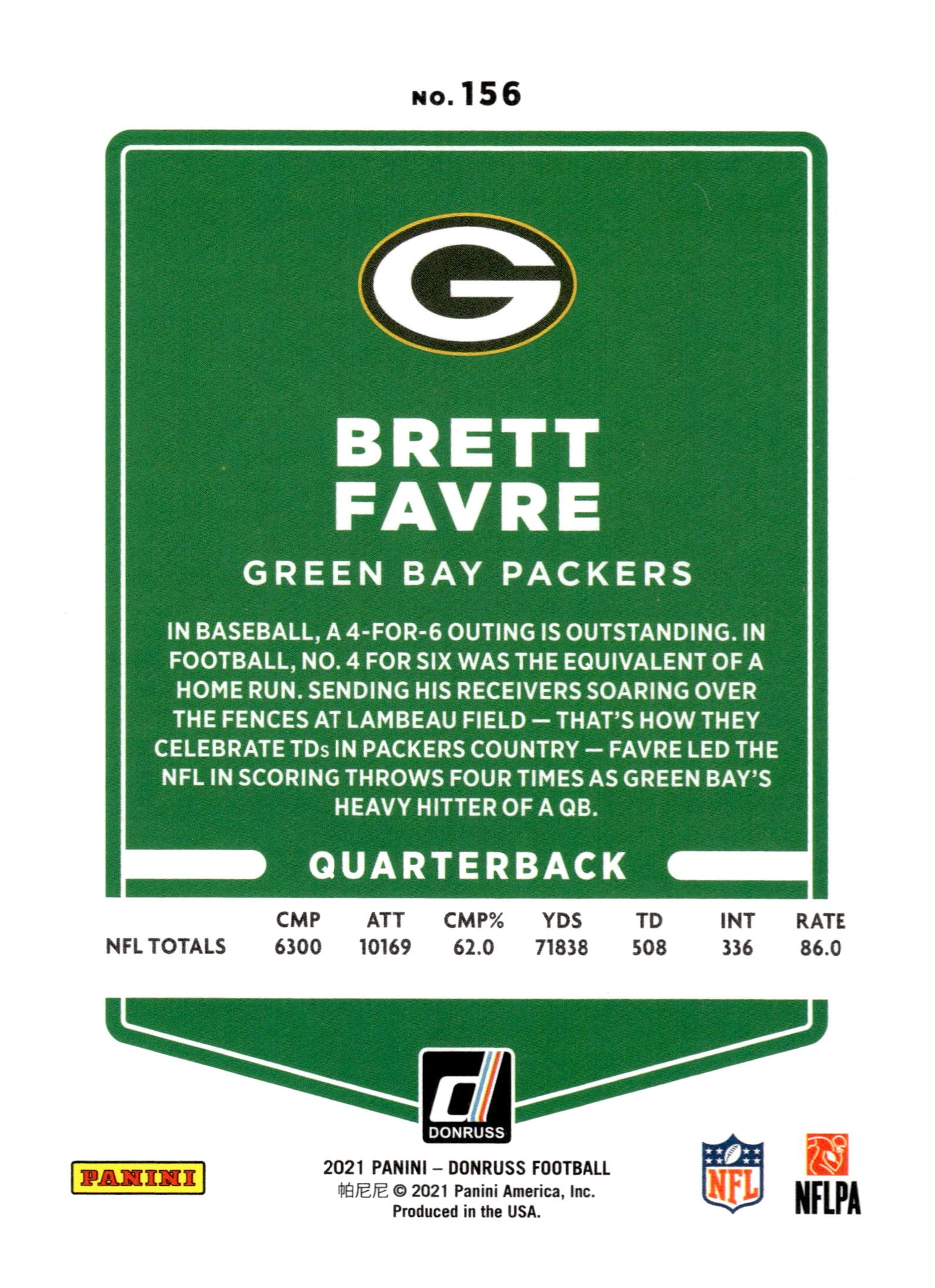 2021 Donruss #156b Brett Favre No Name No Helmet