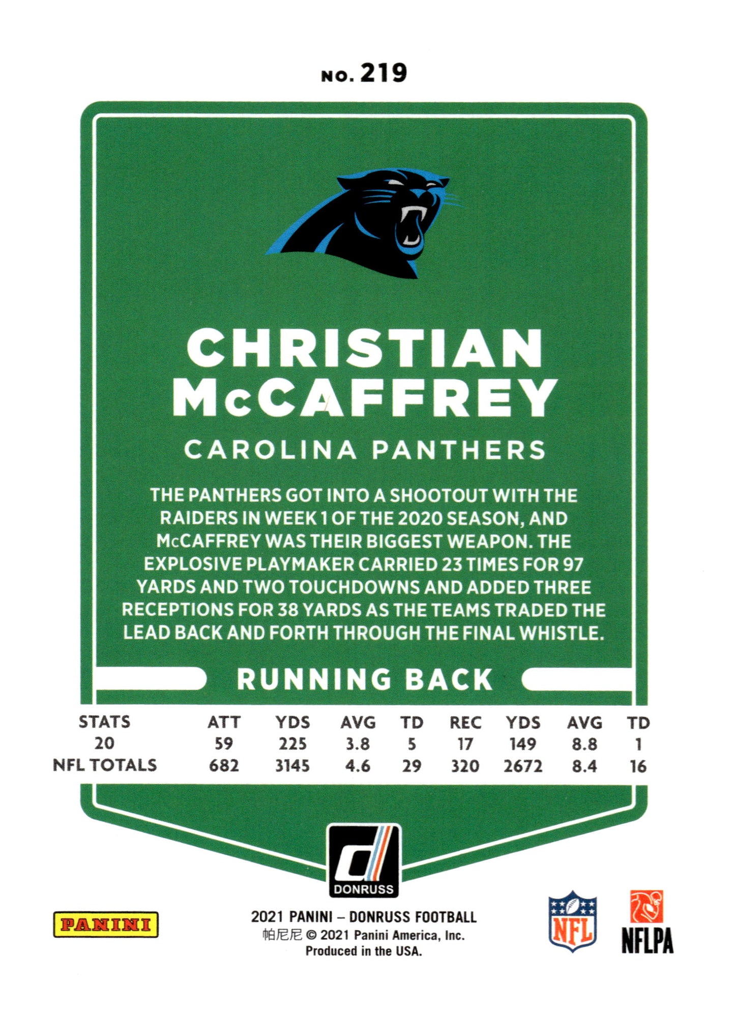 2021 Donruss #219b Christian McCaffrey No Helmet