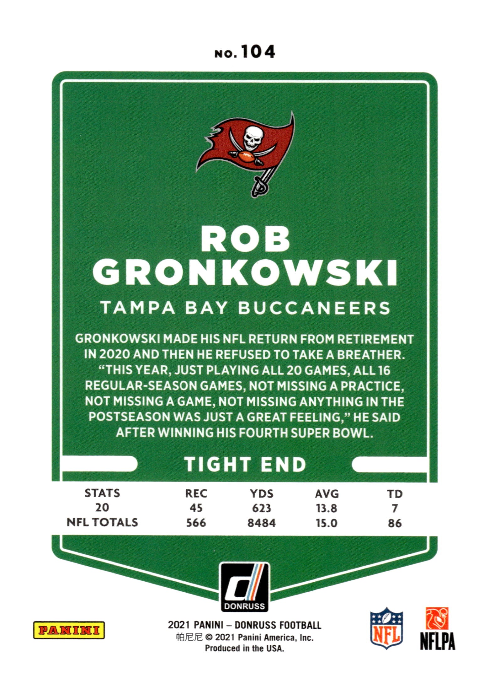 2021 Donruss #104b Rob Gronkowski No Helmet