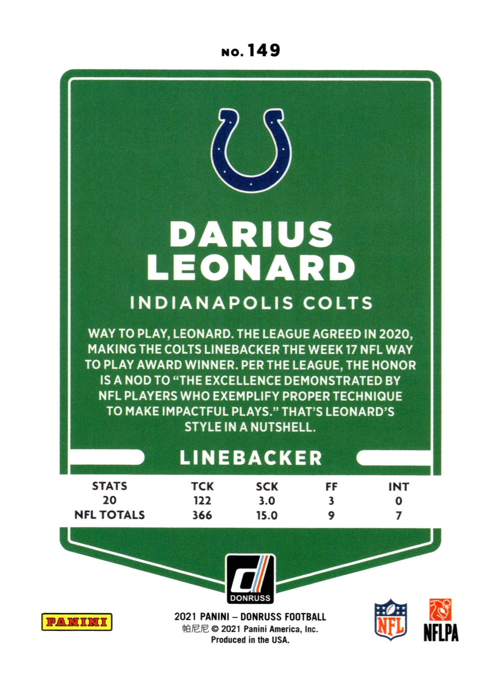 2021 Donruss #149b Darius Leonard No Helmet