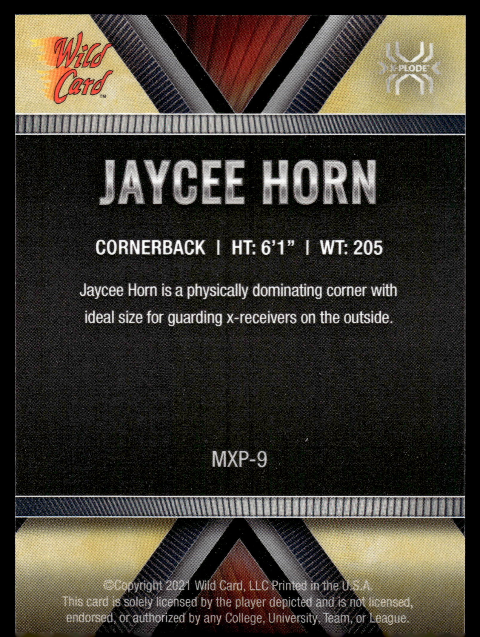 2021 Wild Card Matte #MXP-9 Jaycee Horn X-Plode Red/Gold Gold Matte in Gold