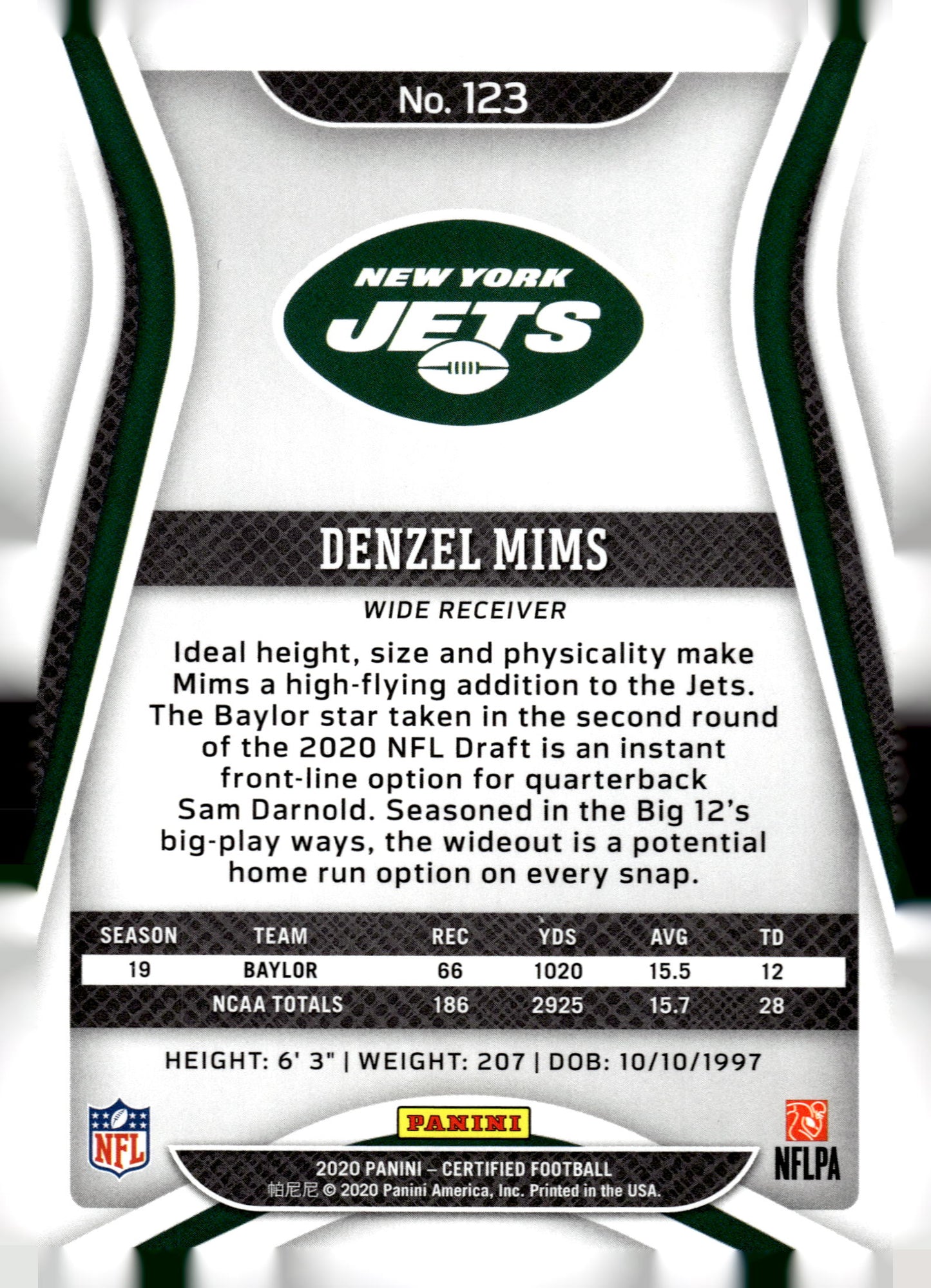 2020 Panini Certified #123 Denzel Mims #/399