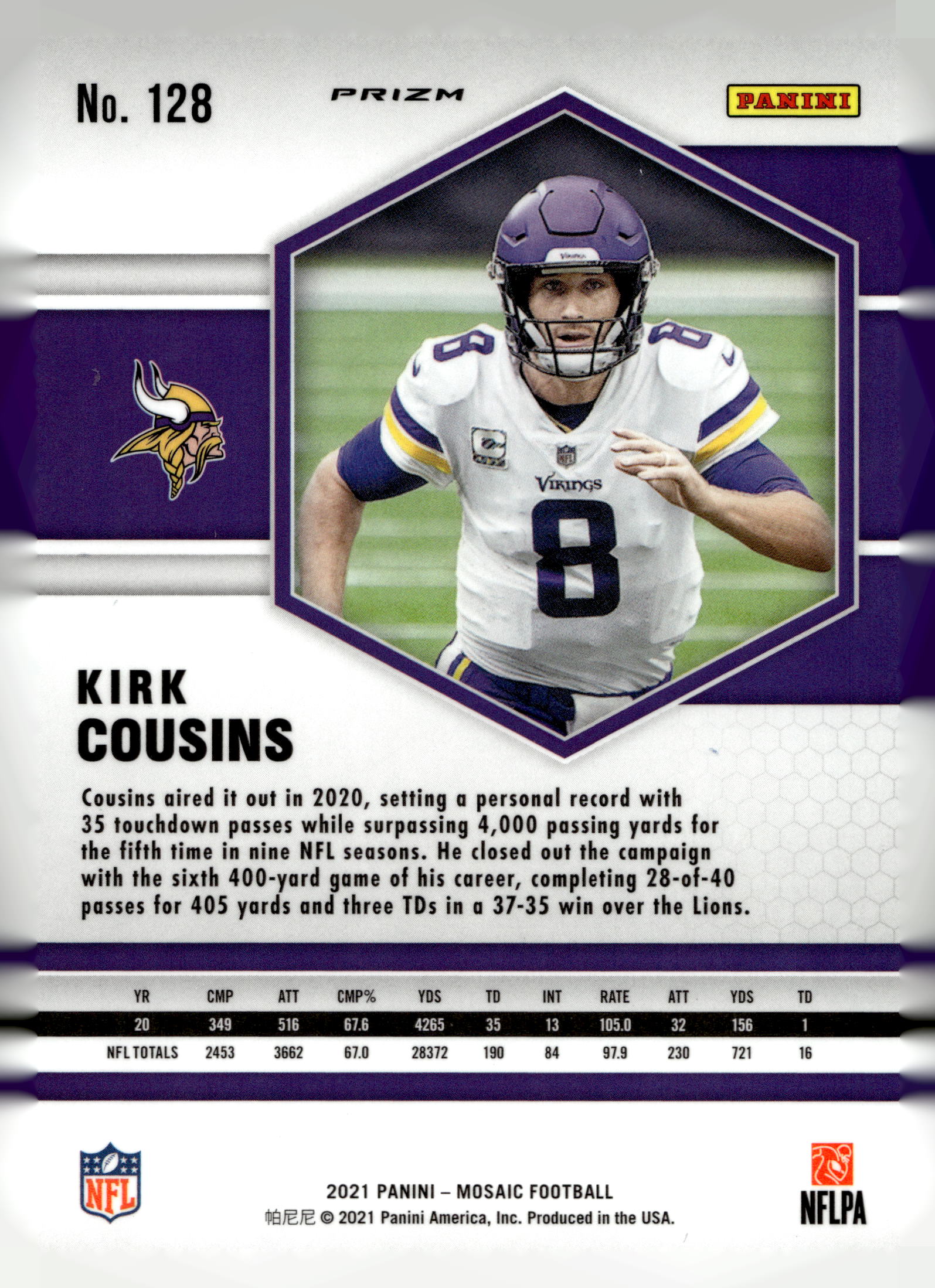 2021 Panini Mosaic #128 Kirk Cousins Prizm Reactive Blue