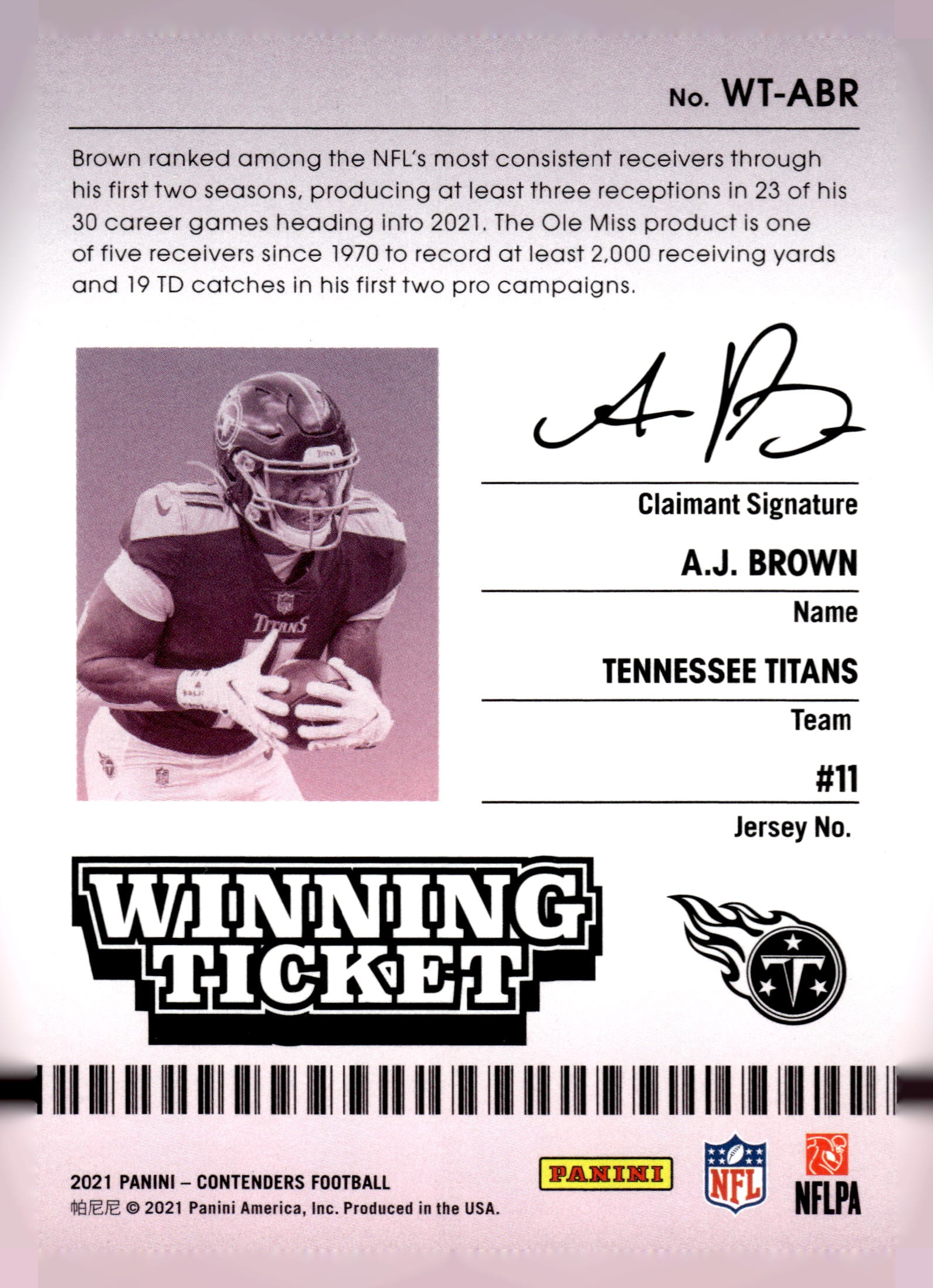 2021 Panini Contenders #WT-ABR A.J. Brown Winning Ticket Emerald