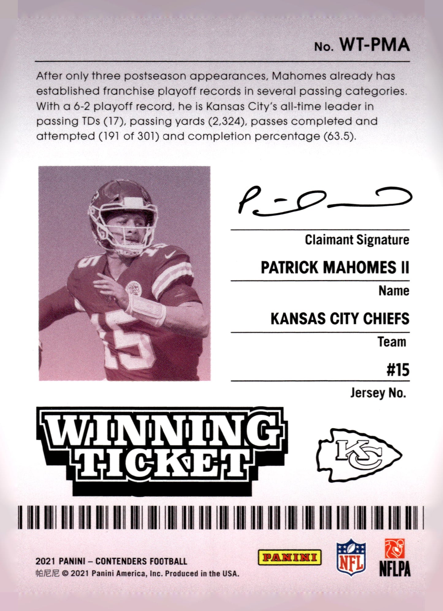 2021 Panini Contenders #WT-PMA Patrick Mahomes II Winning Ticket