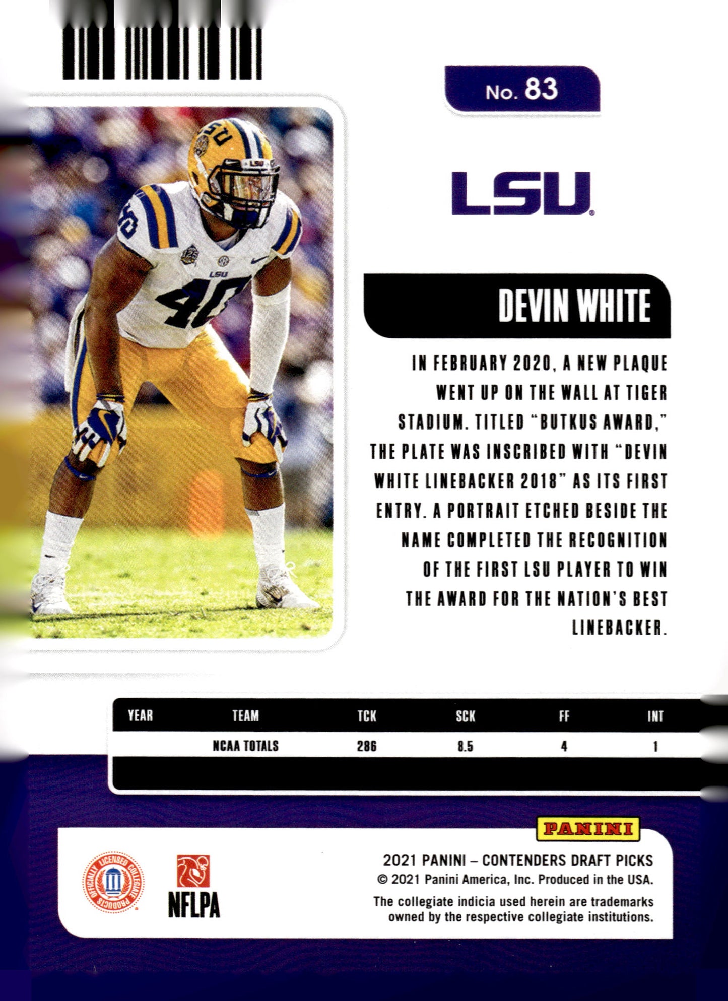 2021 Panini Contenders Draft Picks #83 Devin White Campus Ticket